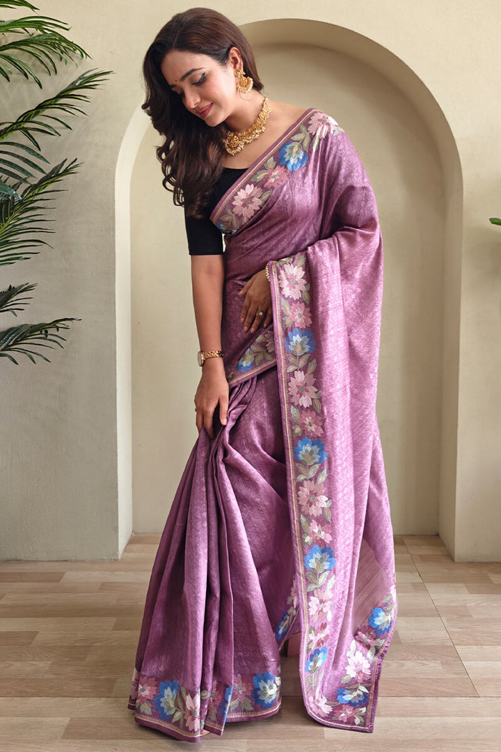 Faded Purple Contrast Color Embroidered Tussar Silk Saree