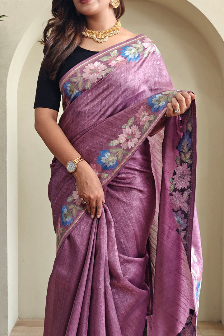Faded Purple Contrast Color Embroidered Tussar Silk Saree