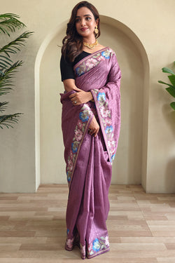 Faded Purple Contrast Color Embroidered Tussar Silk Saree