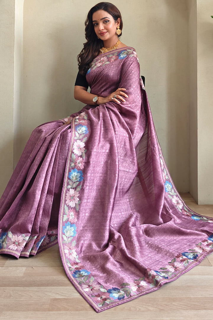 Faded Purple Contrast Color Embroidered Tussar Silk Saree