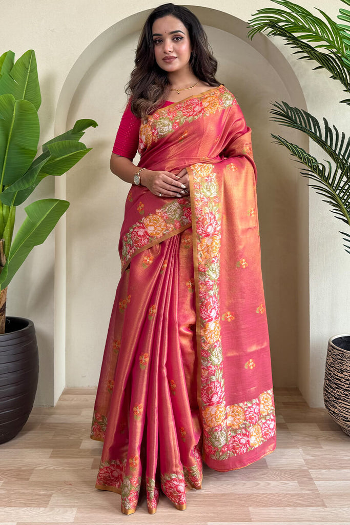 Faded Red Tissue Silk Saree
