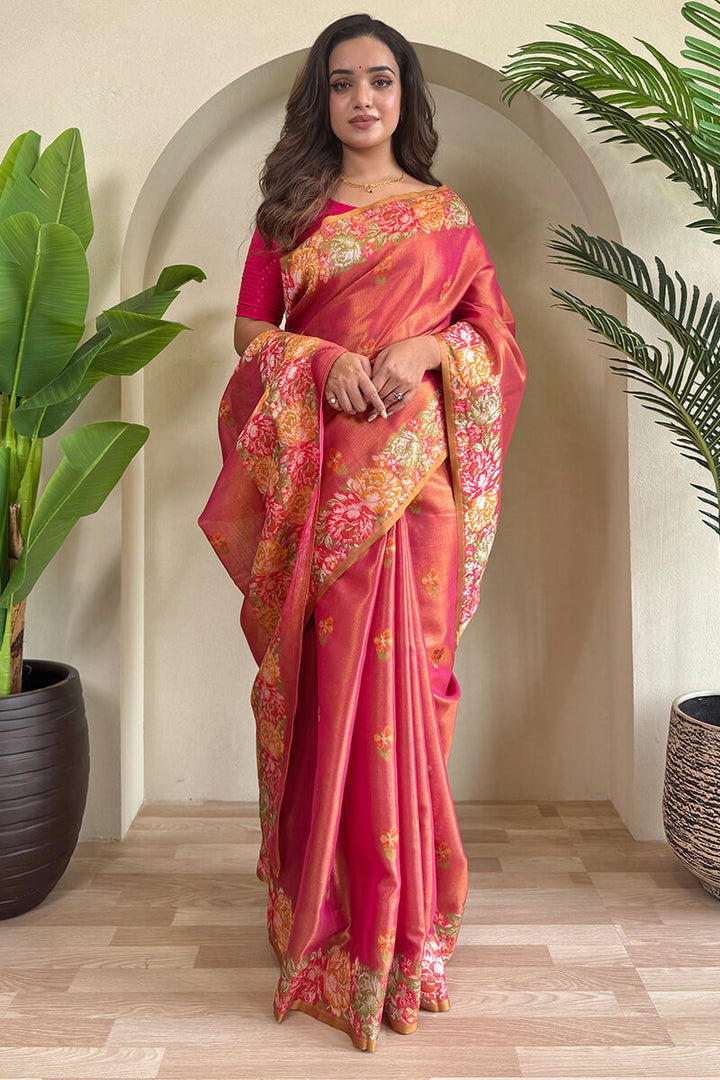 Faded Red Tissue Silk Saree