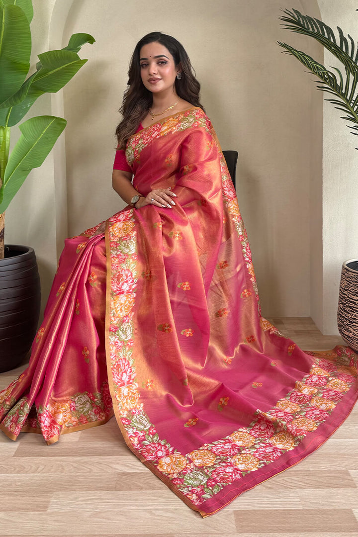 Faded Red Tissue Silk Saree