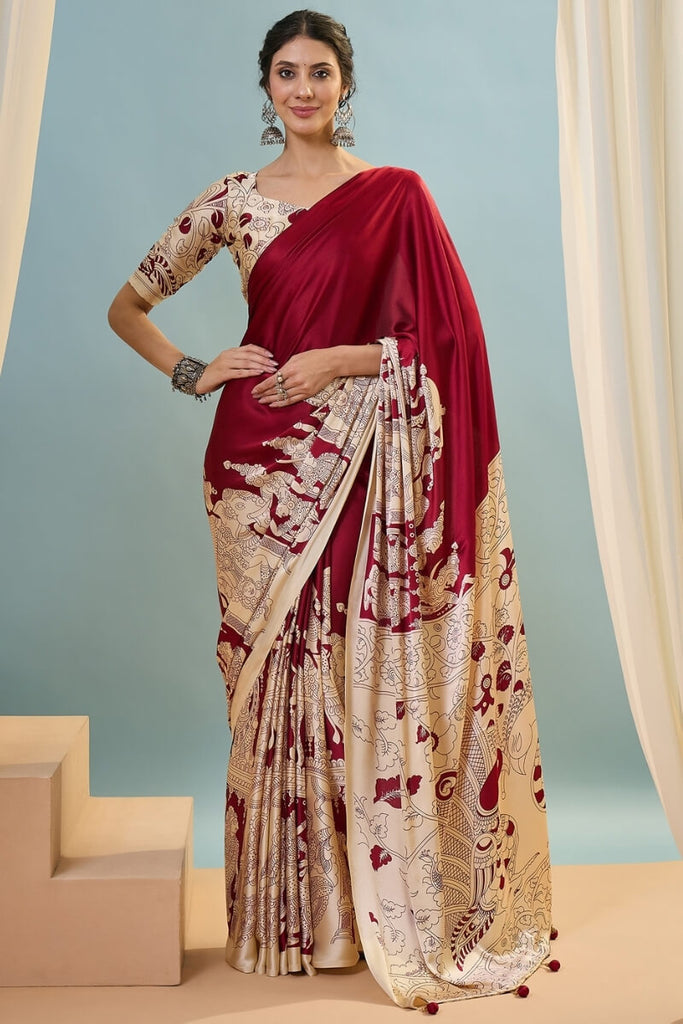 Falu Red Ajrakh Printed Satin Silk Saree