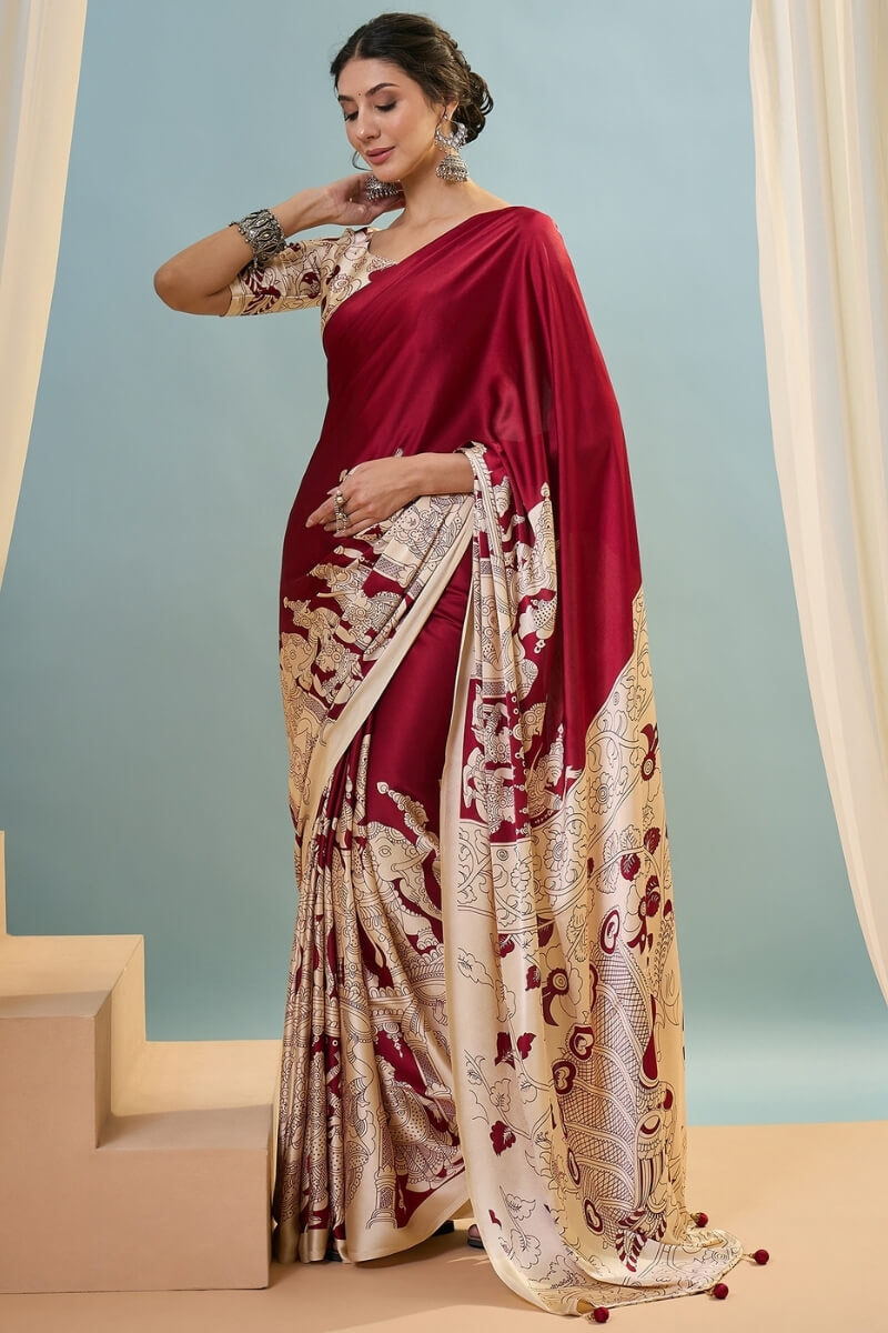 Falu Red Ajrakh Printed Satin Silk Saree