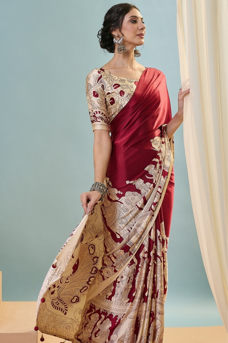 Falu Red Ajrakh Printed Satin Silk Saree