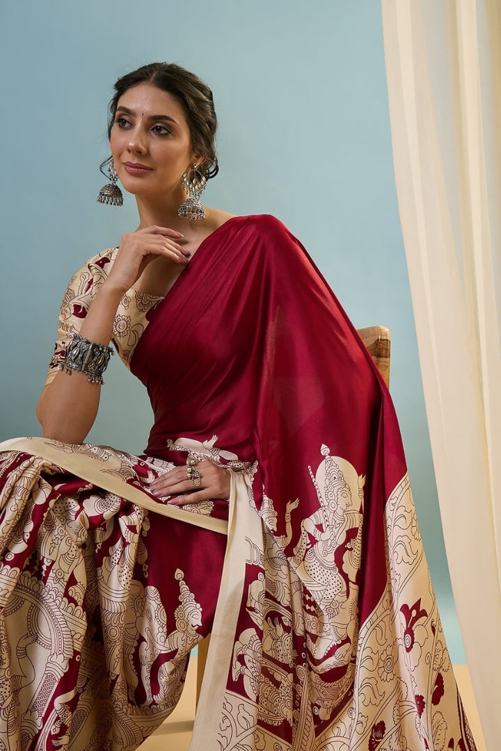 Falu Red Ajrakh Printed Satin Silk Saree