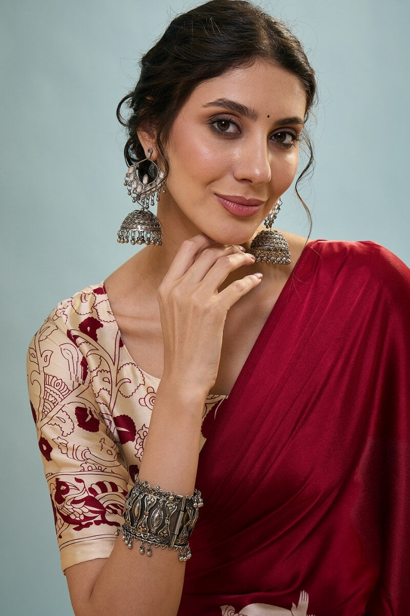 Falu Red Ajrakh Printed Satin Silk Saree