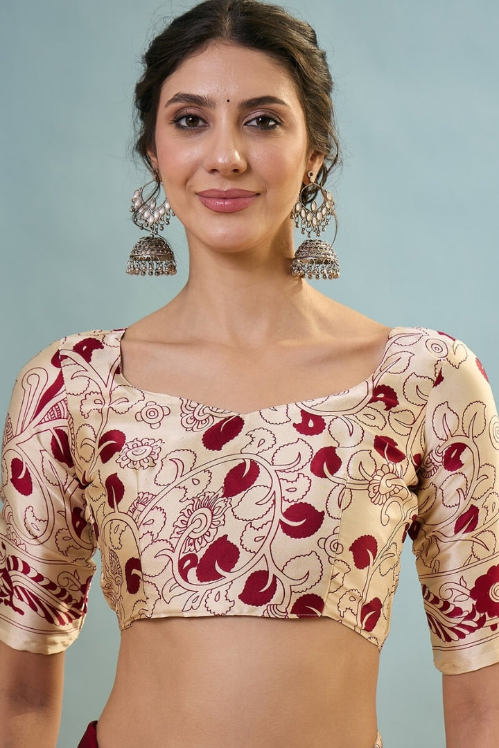 Falu Red Ajrakh Printed Satin Silk Saree