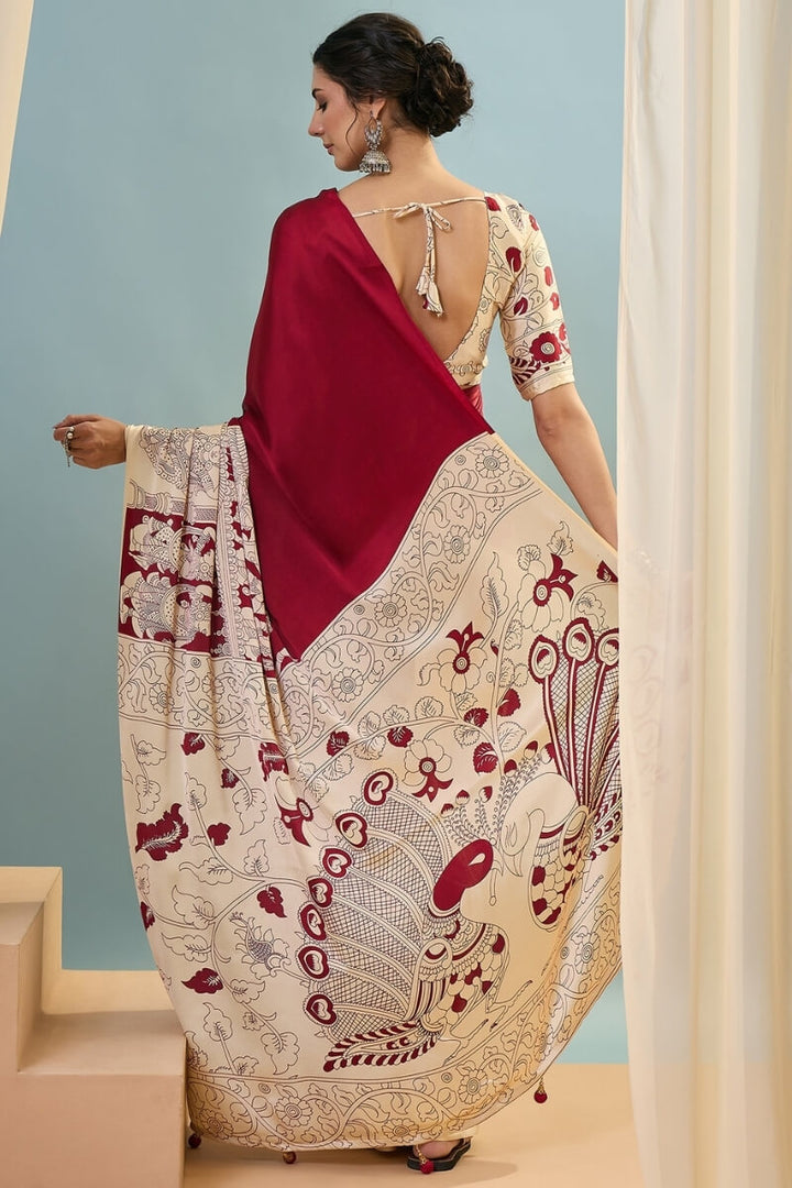 Falu Red Ajrakh Printed Satin Silk Saree