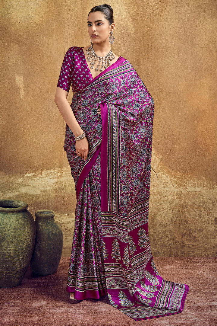 Fandango Purple Ajrakh Printed Satin Silk Saree