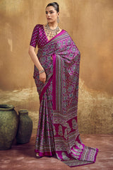 Fandango Purple Ajrakh Printed Satin Silk Saree