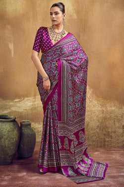 Fandango Purple Ajrakh Printed Satin Silk Saree