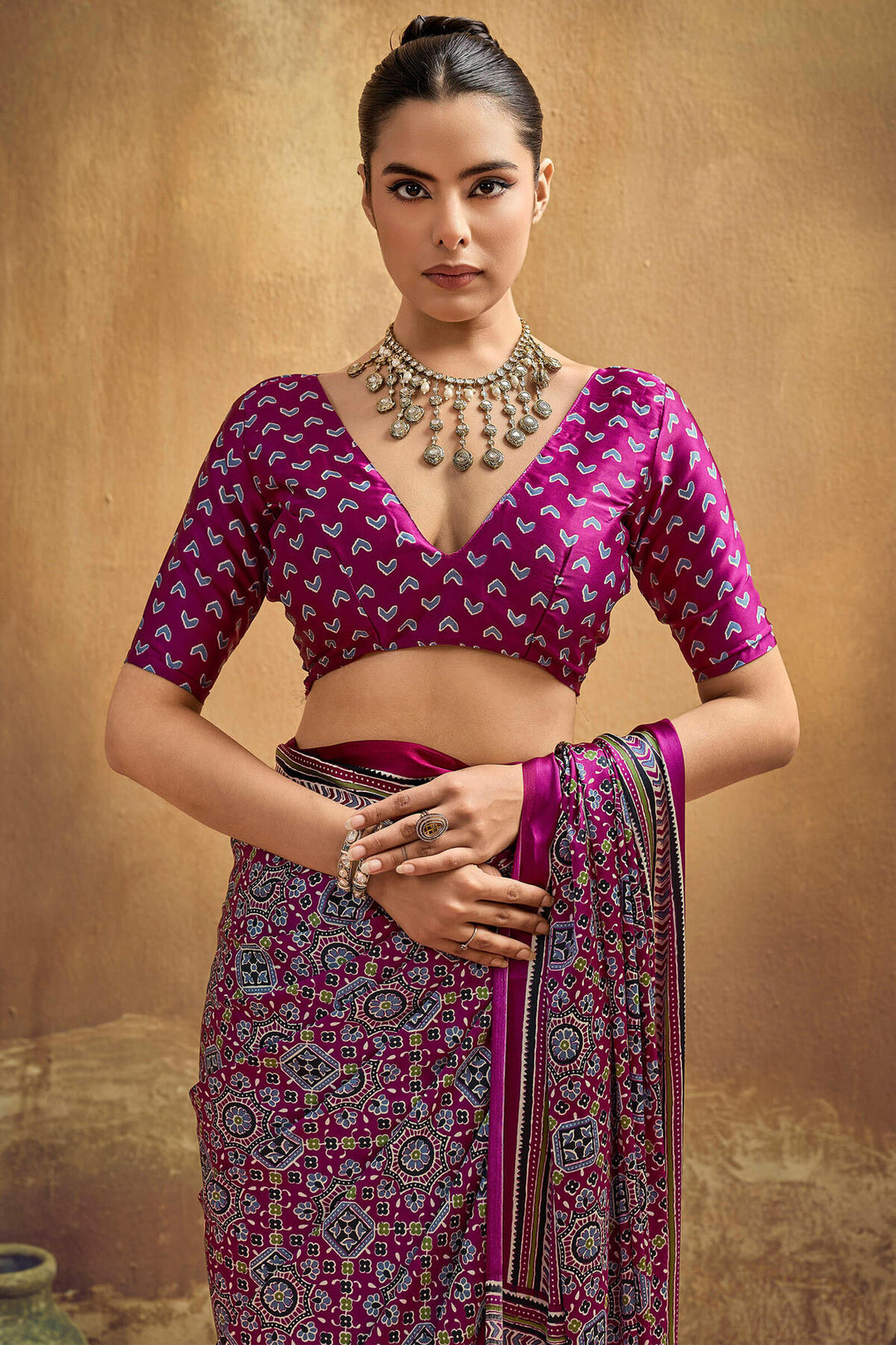 Fandango Purple Ajrakh Printed Satin Silk Saree