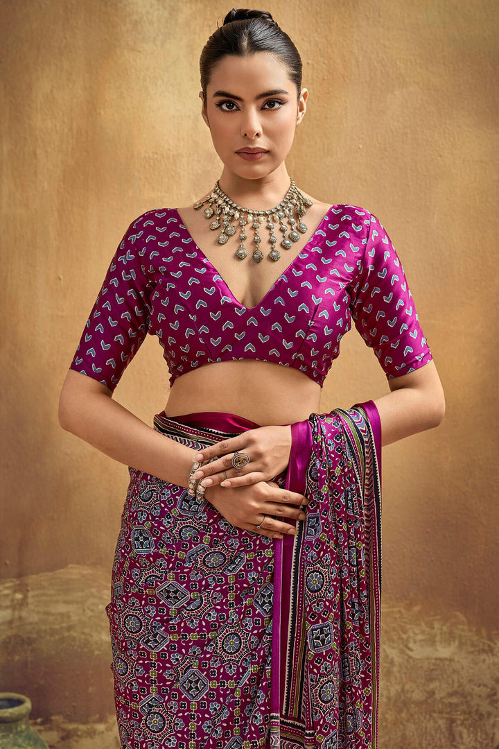 Fandango Purple Ajrakh Printed Satin Silk Saree