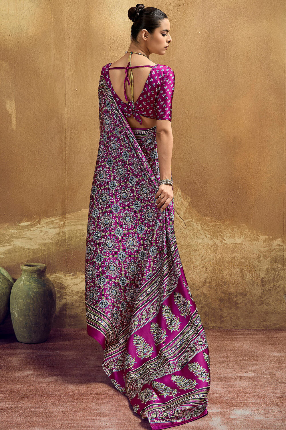 Fandango Purple Ajrakh Printed Satin Silk Saree