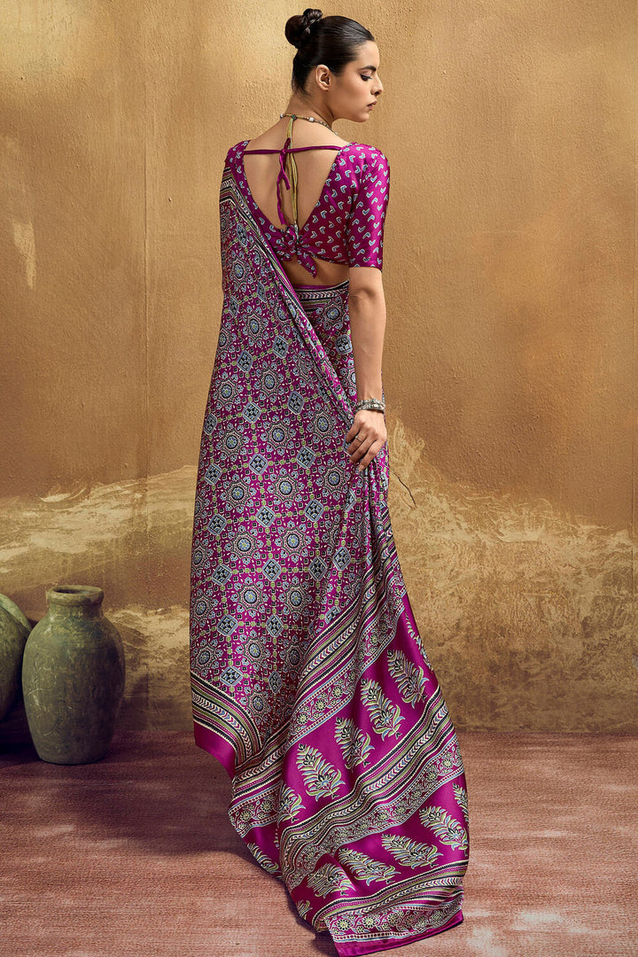 Fandango Purple Ajrakh Printed Satin Silk Saree