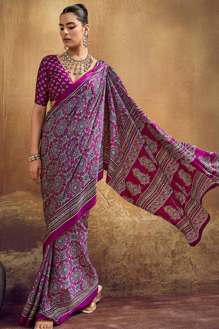 Fandango Purple Ajrakh Printed Satin Silk Saree