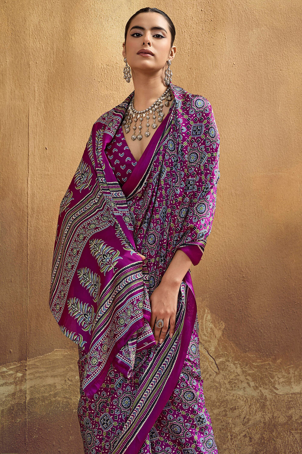 Fandango Purple Ajrakh Printed Satin Silk Saree