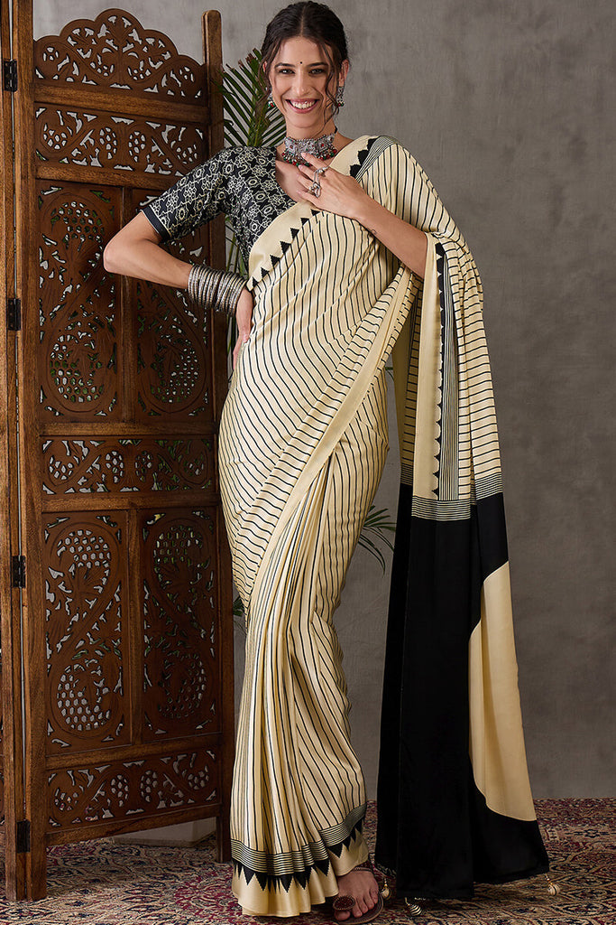 Fawn Beige Ajrakh Printed Satin Silk Saree