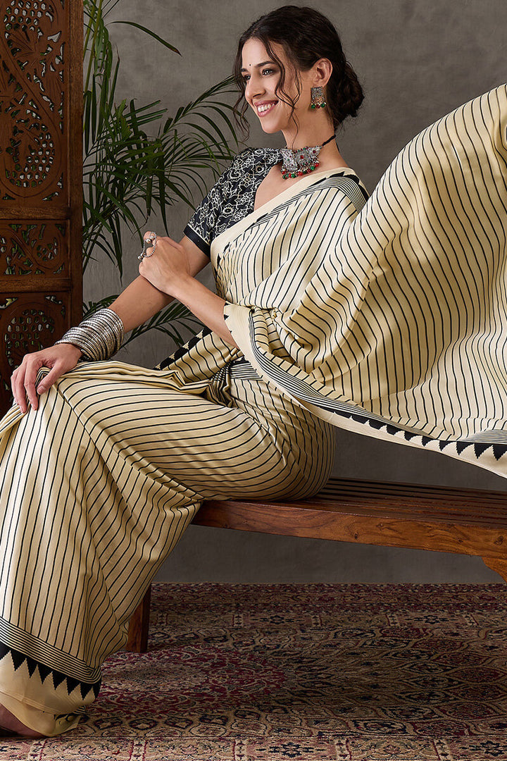 Fawn Beige Ajrakh Printed Satin Silk Saree