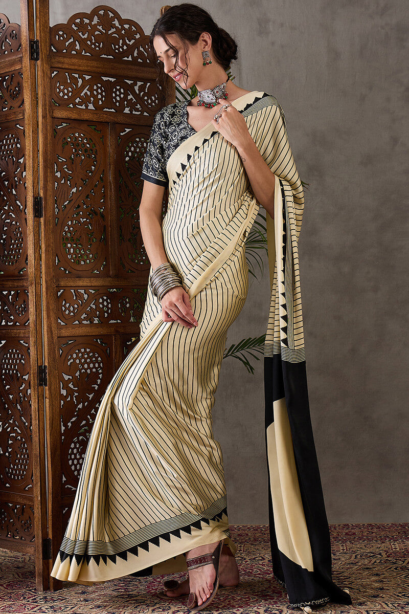 Fawn Beige Ajrakh Printed Satin Silk Saree