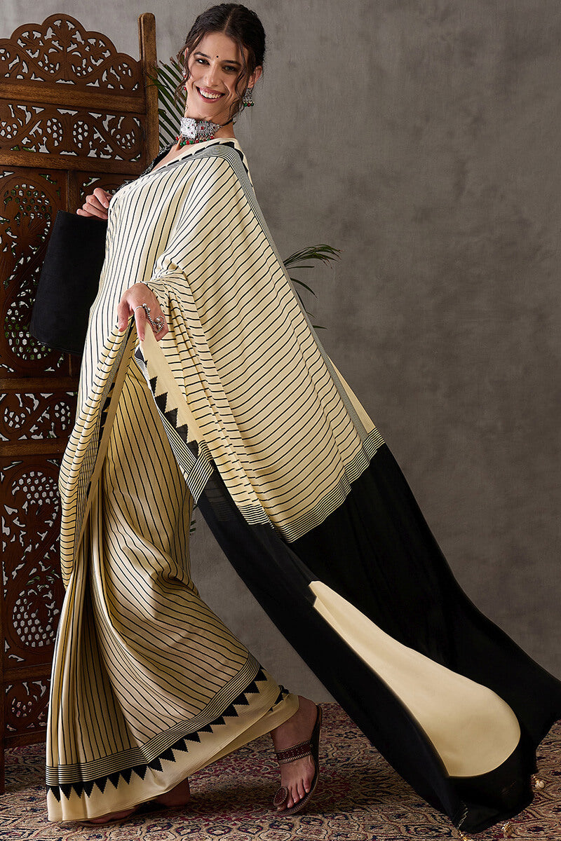 Fawn Beige Ajrakh Printed Satin Silk Saree