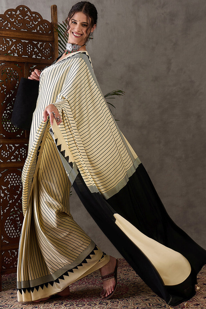 Fawn Beige Ajrakh Printed Satin Silk Saree