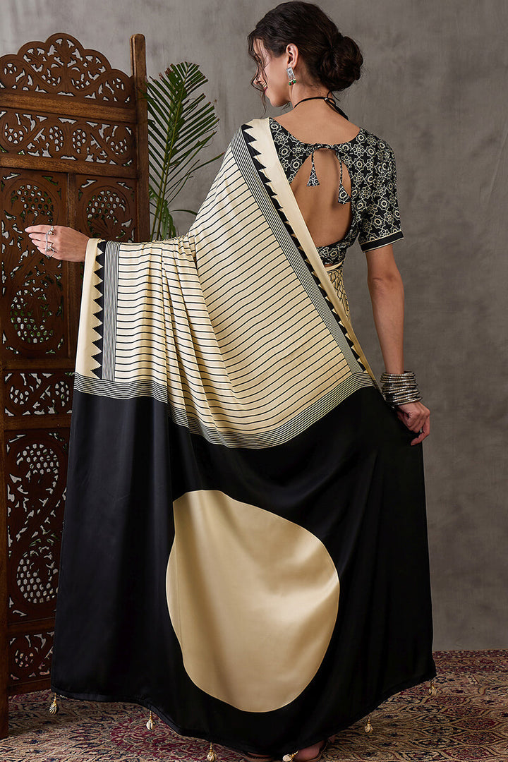 Fawn Beige Ajrakh Printed Satin Silk Saree