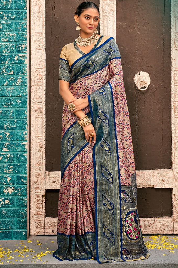 Fawn Beige and Navy Blue Zari Woven Kanjivaram Silk Saree