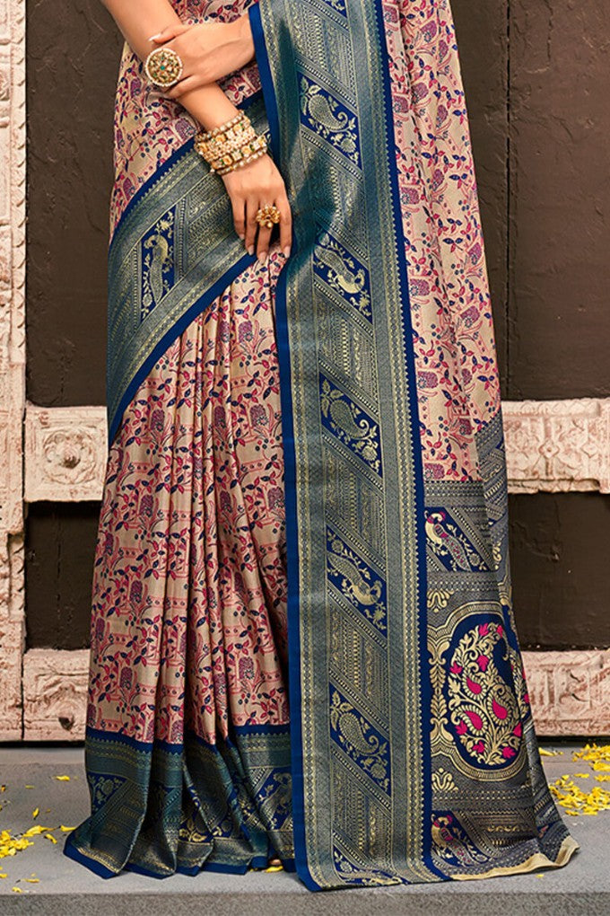 Fawn Beige and Navy Blue Zari Woven Kanjivaram Silk Saree