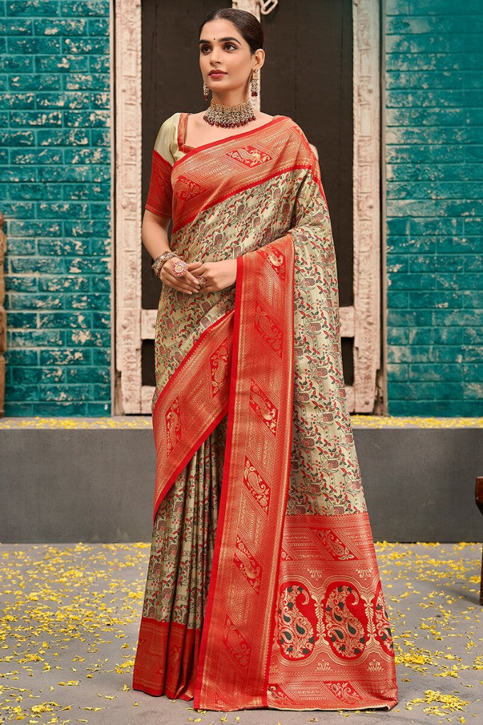 Fawn Beige and Red Zari Woven Kanjivaram Silk Saree