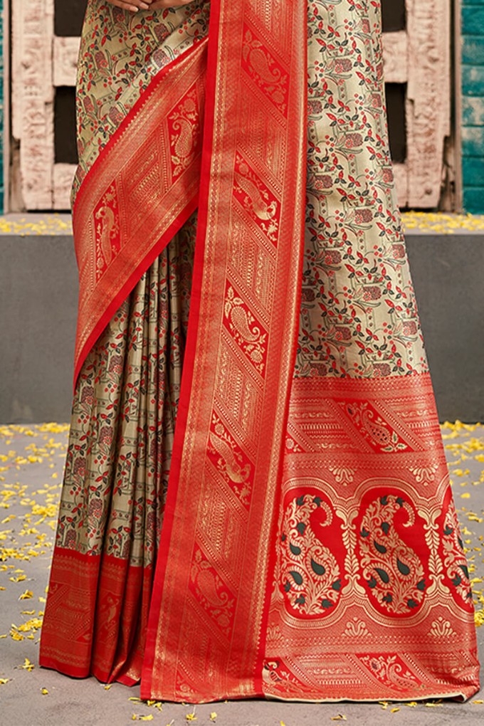 Fawn Beige and Red Zari Woven Kanjivaram Silk Saree