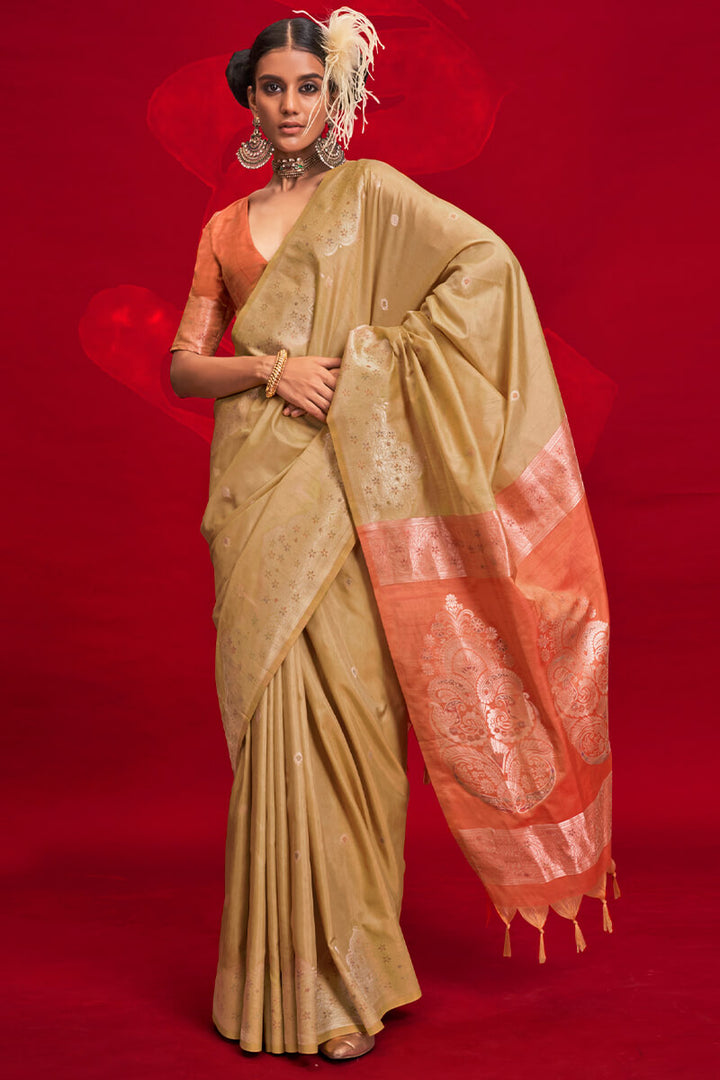 Fawn Beige Banarasi Tussar Silk Saree