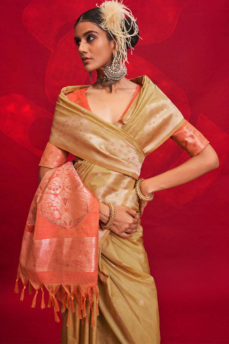 Fawn Beige Banarasi Tussar Silk Saree