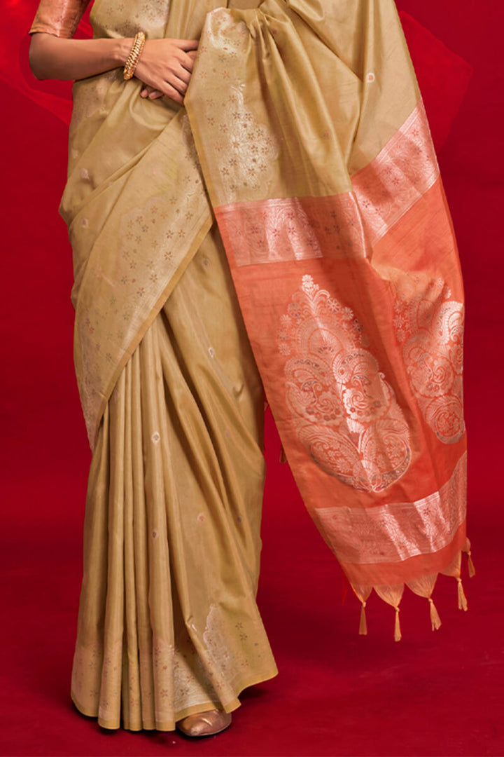 Fawn Beige Banarasi Tussar Silk Saree