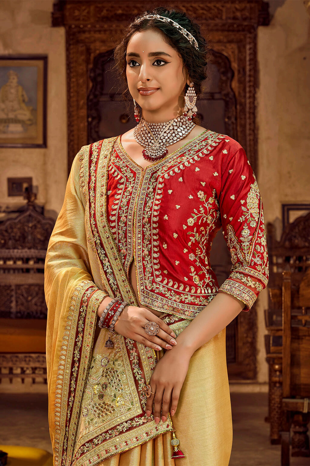 Fawn Beige Embroidery Work Viscose Saree with Jacket Blouse