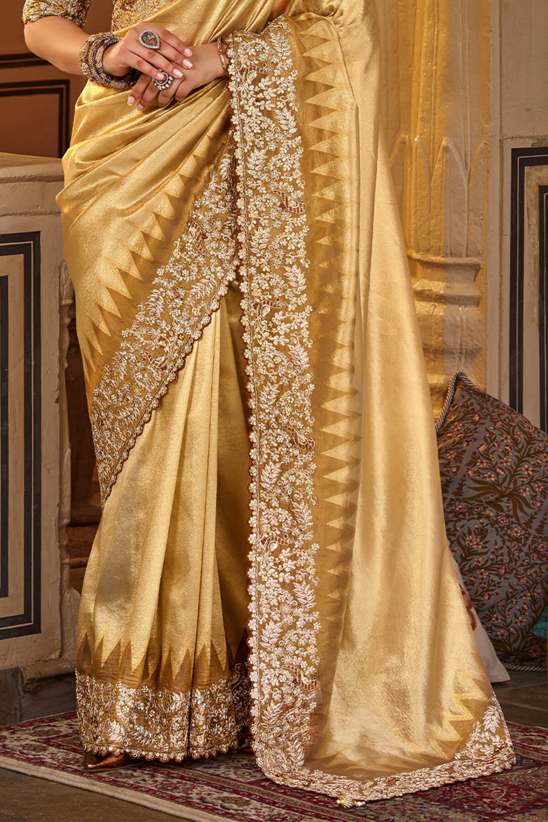 Fawn Beige Hand Work Viscose Saree with Stiched Blouse