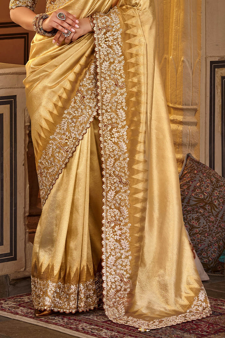 Fawn Beige Hand Work Viscose Saree with Stiched Blouse