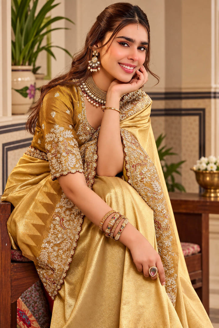Fawn Beige Hand Work Viscose Saree with Stiched Blouse