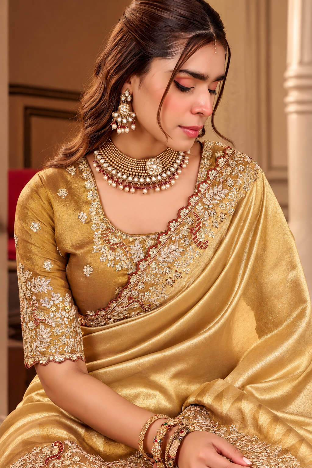 Fawn Beige Hand Work Viscose Saree with Stiched Blouse