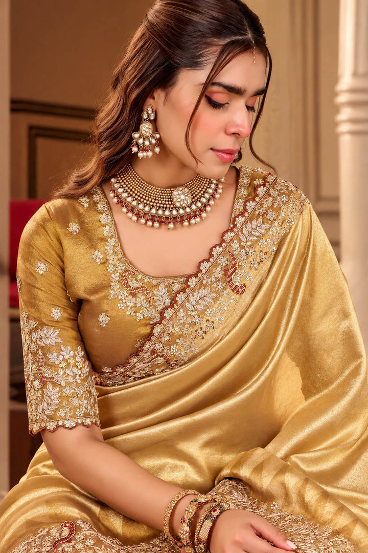 Fawn Beige Hand Work Viscose Saree with Stiched Blouse