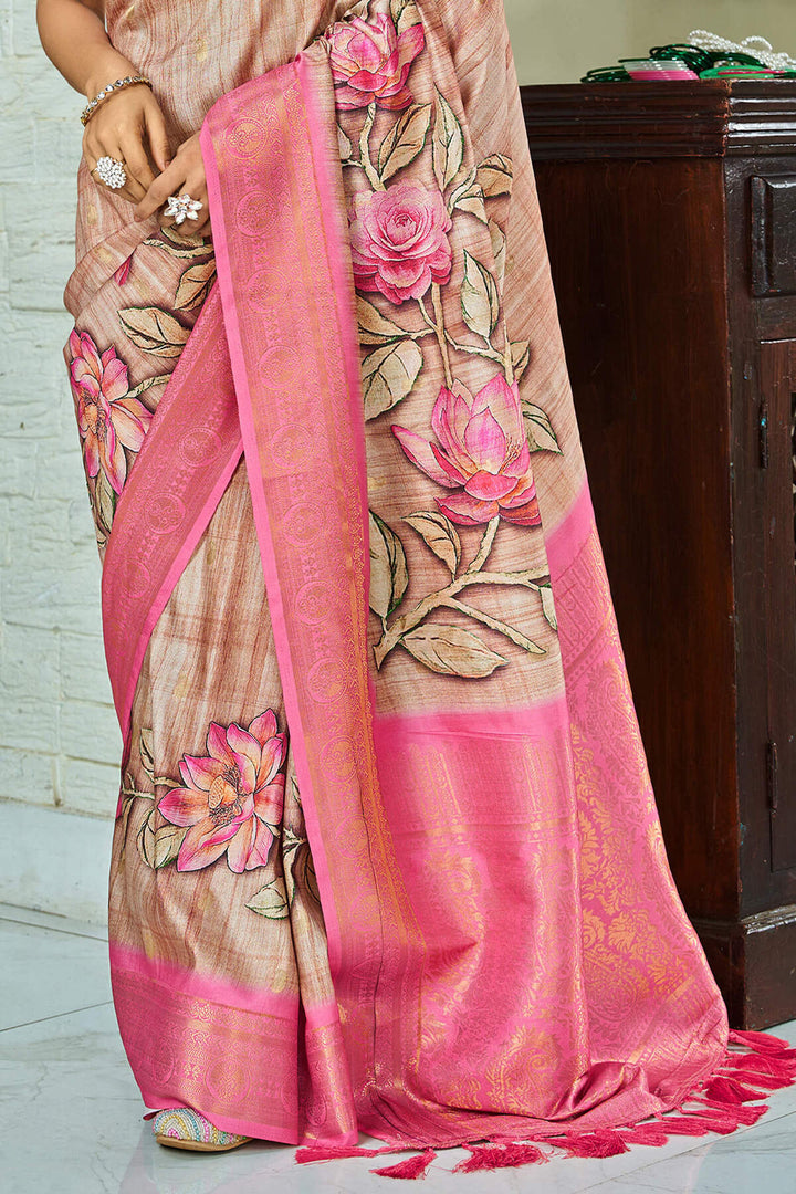 Fawn Beige Handloom Woven Digital Printed Soft Silk Saree