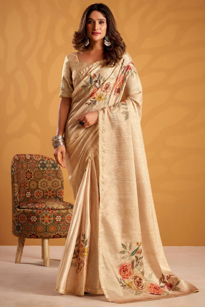 Fawn Beige Kasheeda work Tussar Silk Saree