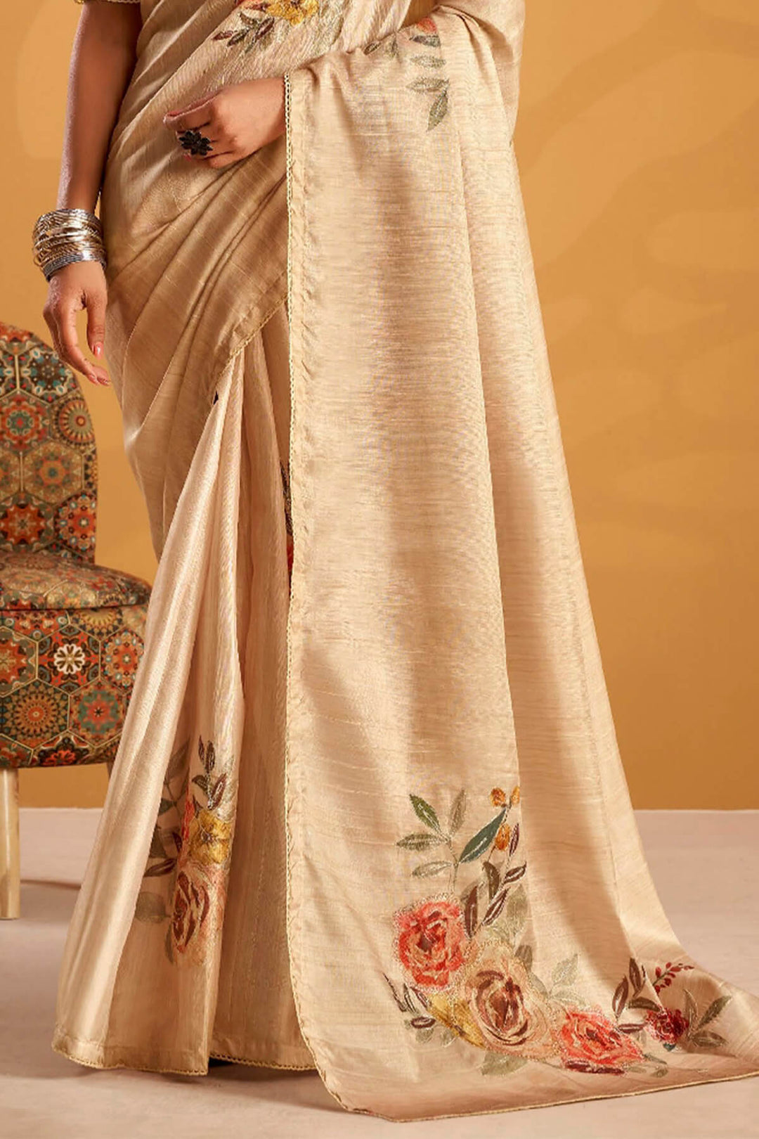 Fawn Beige Kasheeda work Tussar Silk Saree
