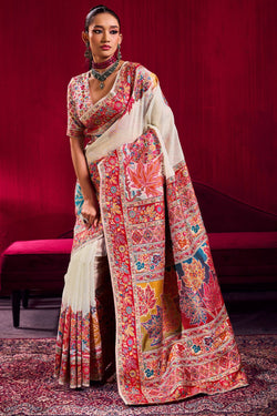 Fawn Beige Kashmiri Modal Pashmina Silk Saree