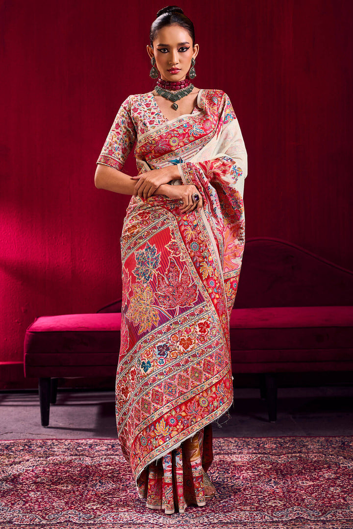 Fawn Beige Kashmiri Modal Pashmina Silk Saree