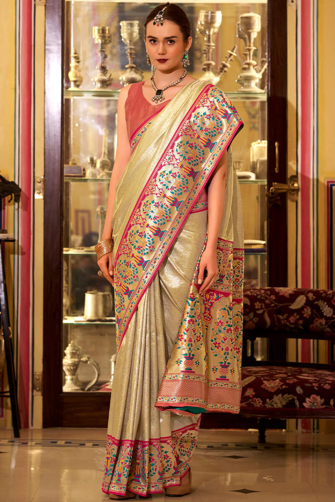 Fawn Beige Paithani Tissue Silk Saree