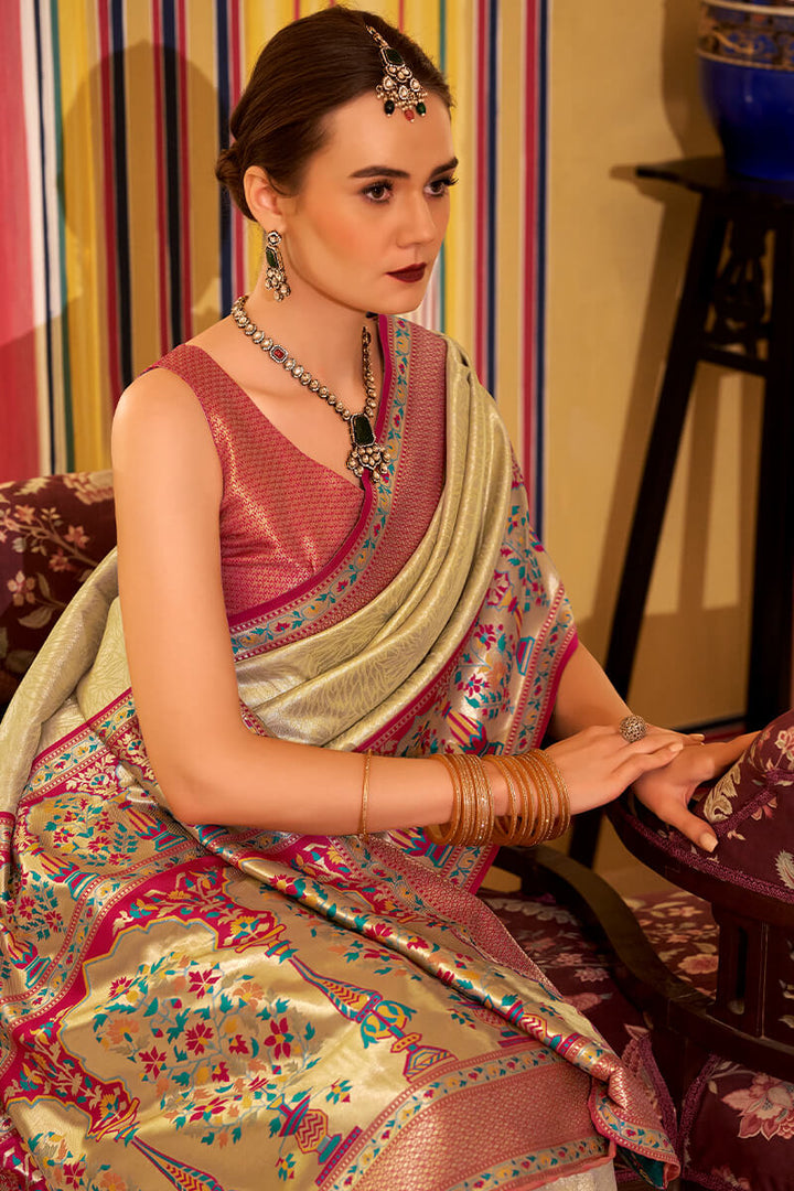 Fawn Beige Paithani Tissue Silk Saree