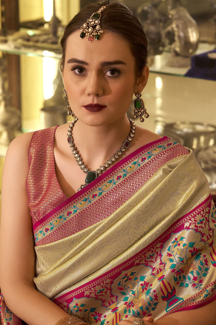 Fawn Beige Paithani Tissue Silk Saree
